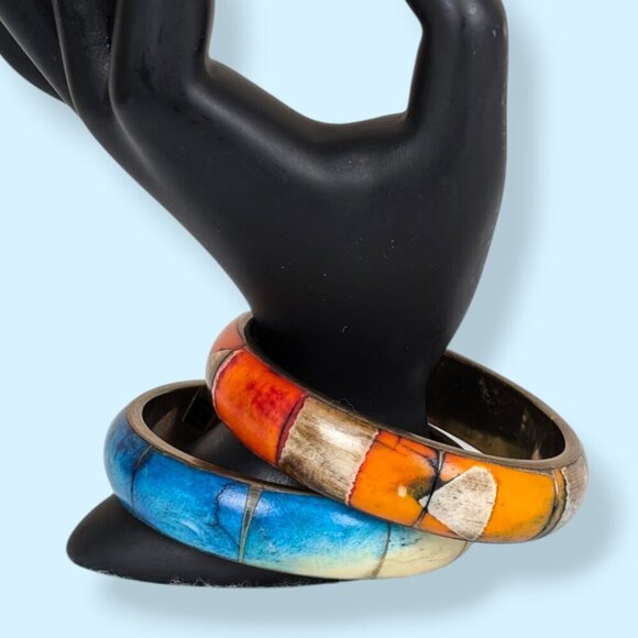 Vintage Set of 2 Brass & Bone Bangles - Picture 2 of 7